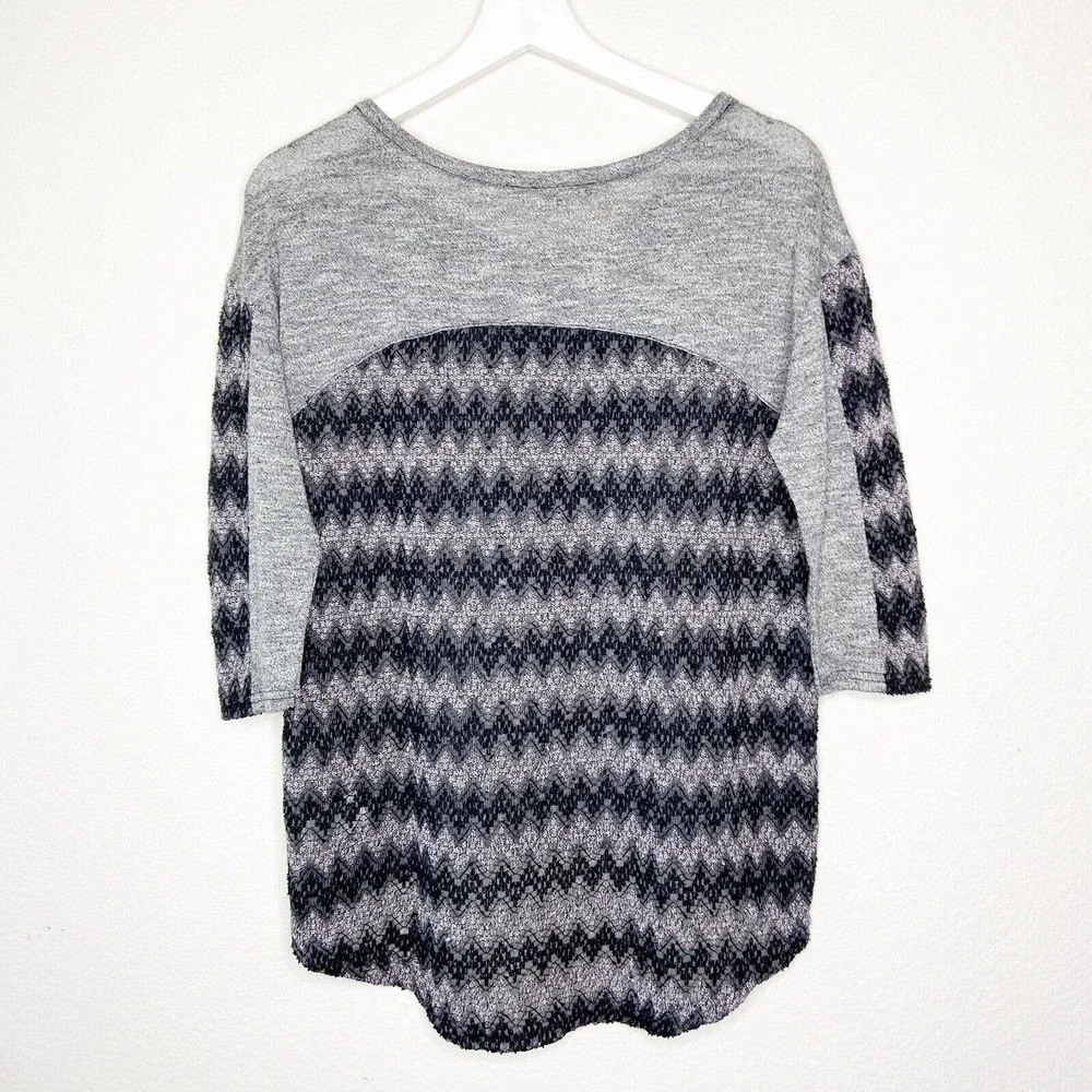 Miss Me Gray Rhinestone Embellished Sequin Beaded Trim Mixed Knit Sweater Sz S